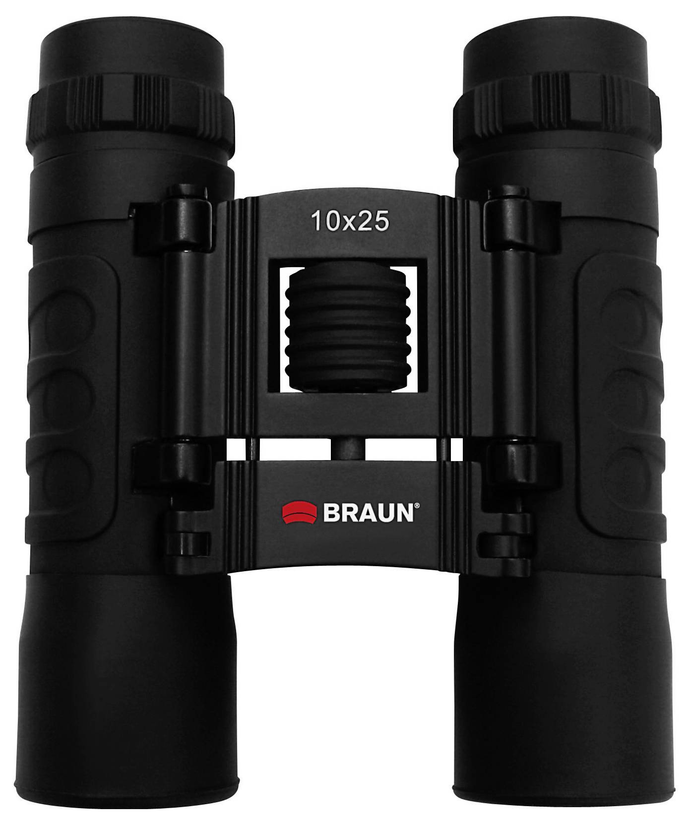 Černý dalekohled značky Braun s nápisem '10x25' na horním popruku.