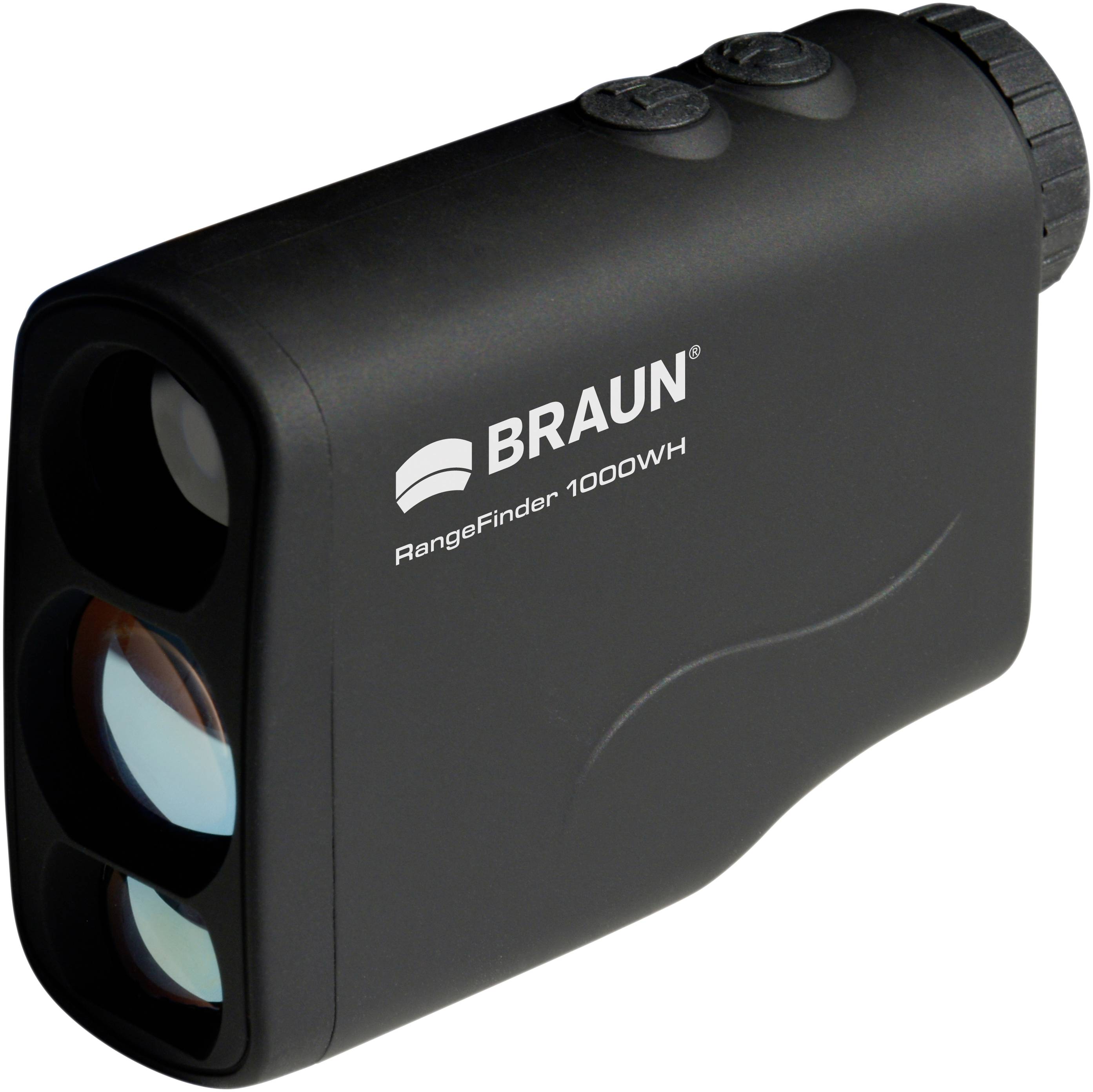 Laserový dálkoměr se dvěma čočkami a gumovaným povrchem. Viditelný název značky 'BRAUN' a model 'RangeFinder 1000WH'.