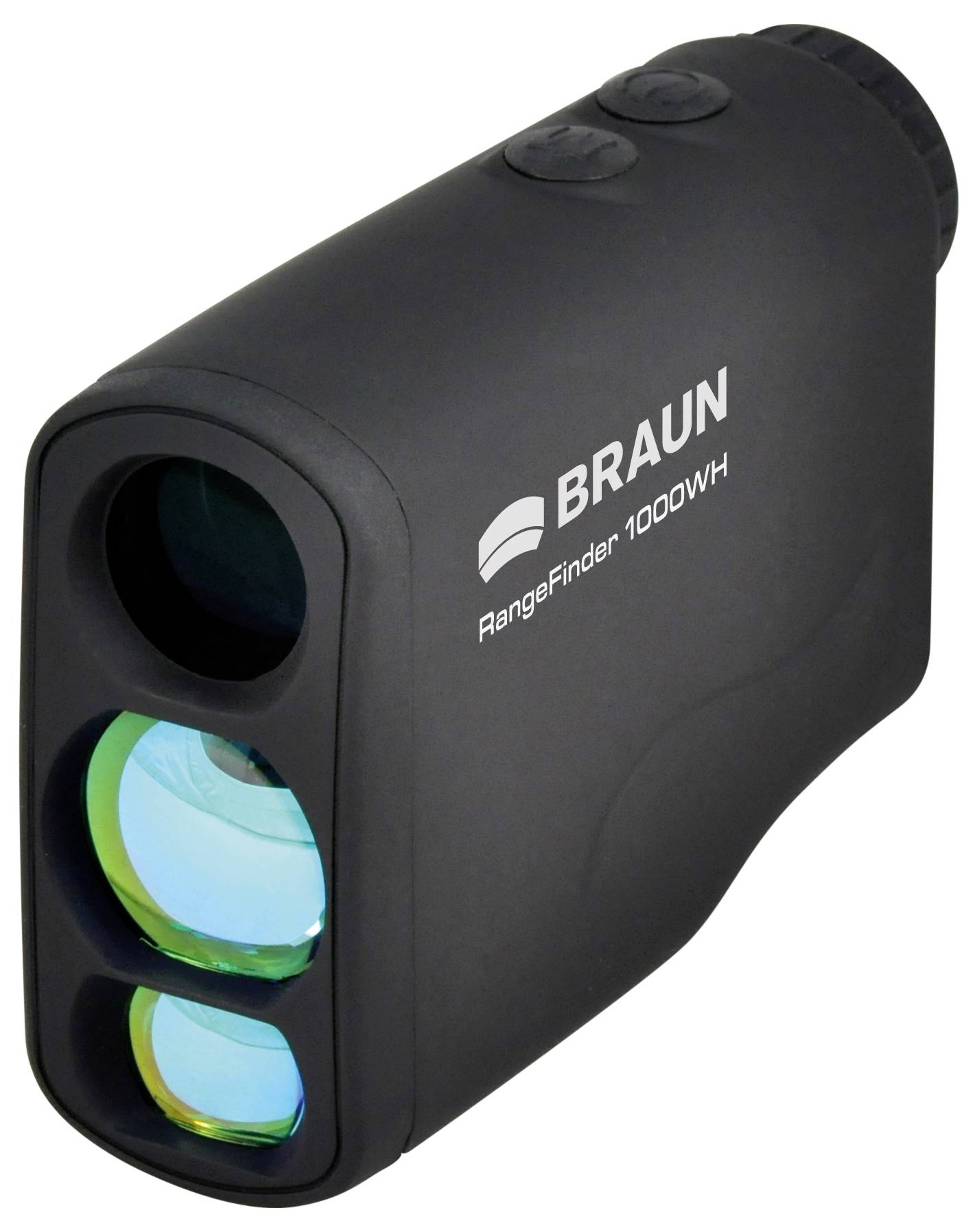 Černý dálkoměr s nápisem 'BRAUN RangeFinder 1000WH'. Má dvě čočky a dva ovládací knoflíky nahoře.