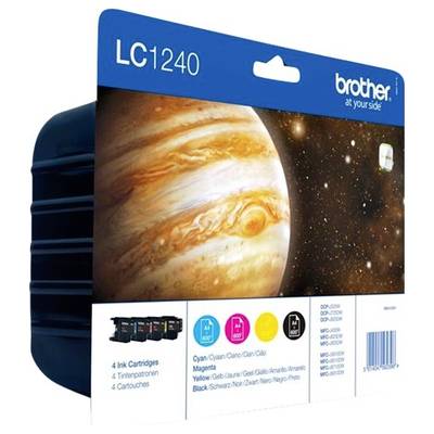 Balení sady inkoustových patronů Brother LC1240 se čtyřmi barvami (azurová, purpurová, žlutá, černá) s obrázkem planety.