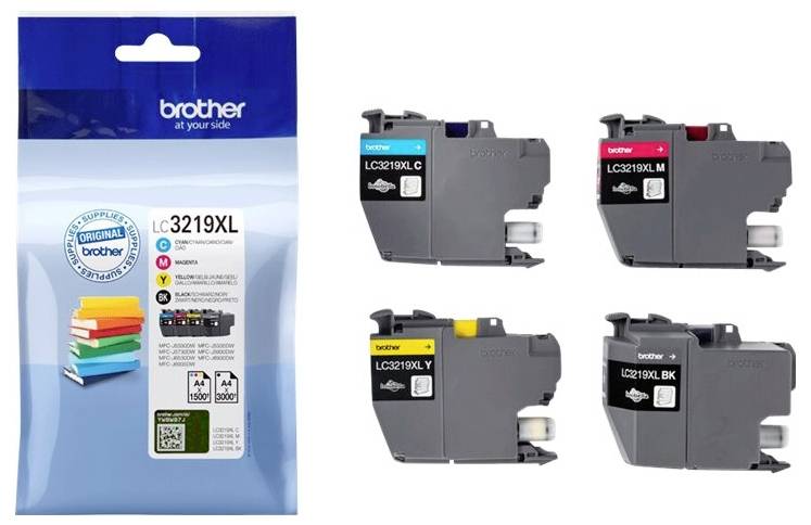Sada tiskových kazet Brother LC3219XL v barvách azurová, purpurová, žlutá a černá vedle obalu produktu.