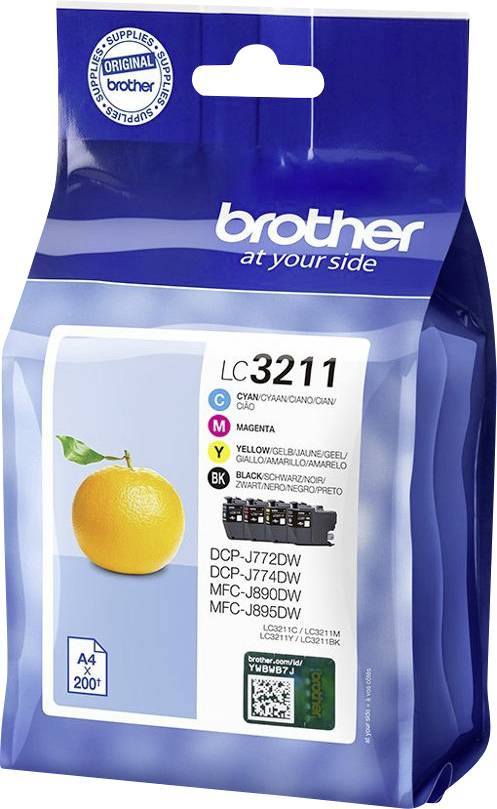 'Brother LC3211' inkoustová kazeta v modrém balení. Zobrazuje pomeranč a kompatibilitu tiskárny. Text: 'Originál brother'.