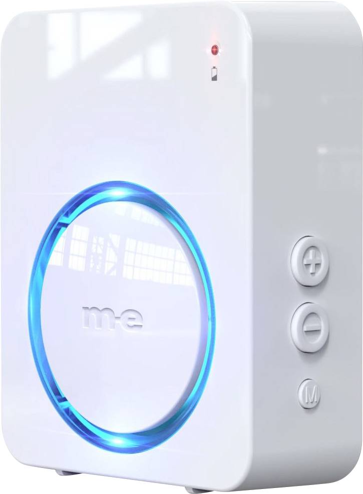 Bílé elektronické zařízení s modrým kruhovým světlem a třemi tlačítky na straně, označenými '+' a '-' a tlačítkem 'M'.