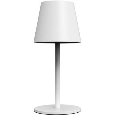 Moderní bílá stolní lampa s kuželovitým stínítkem a válcovitou základnou, vhodná pro minimalistické interiéry.