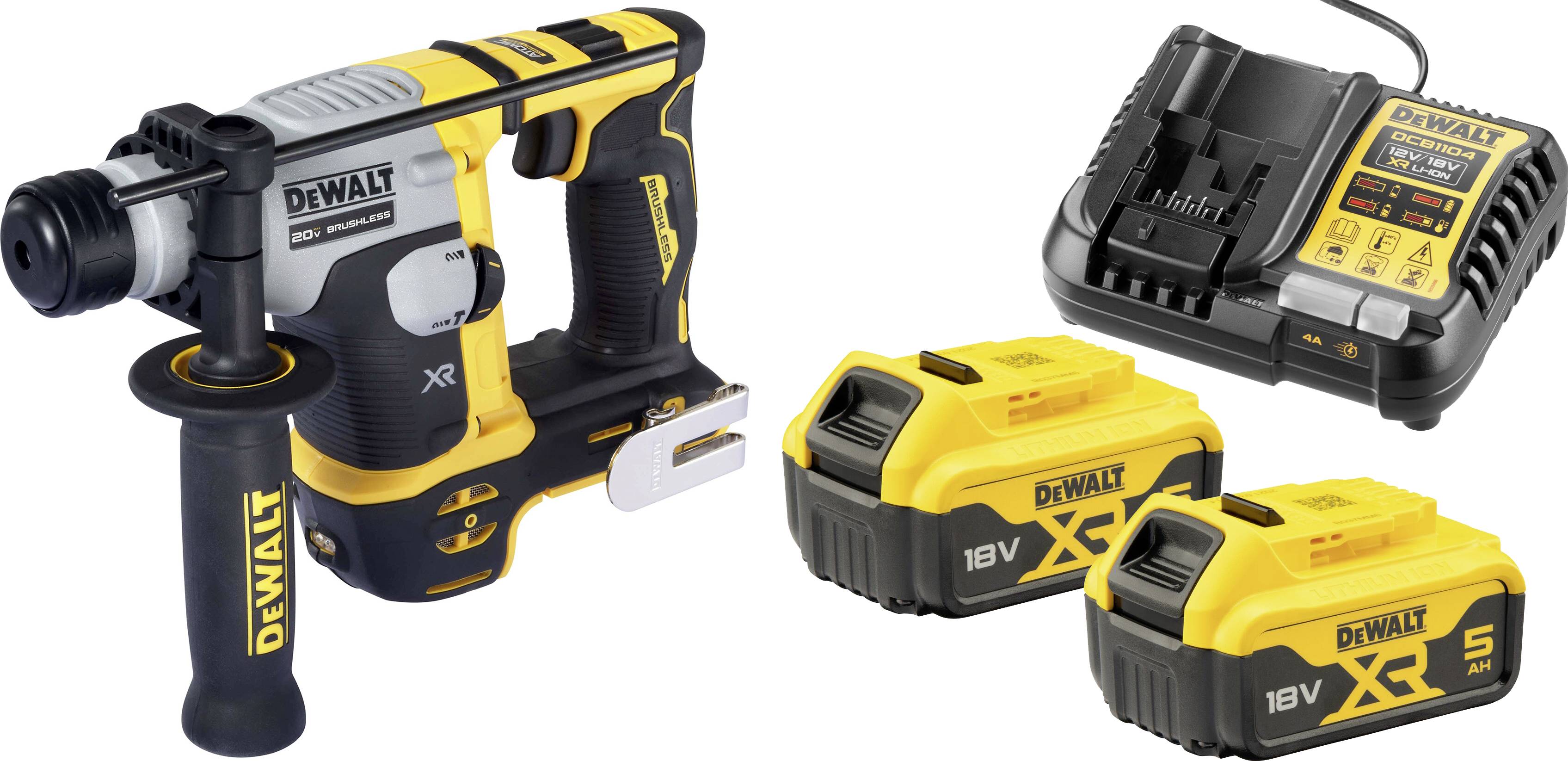 Akumulátorové kladivo s nabíječkou a dvěma 18V XR 5Ah bateriemi v typickém žluto-černém designu DeWalt.