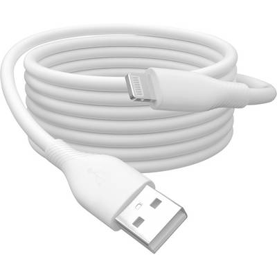 Bílý USB kabel s Lightning konektorem, svinutý. Ideální pro nabíjení zařízení jako jsou smartphony nebo tablety.