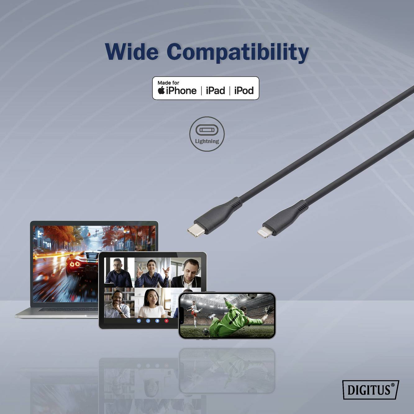 Indikátor kompatibility pro iPhone, iPad, iPod s Lightning kabelem. Znázorněná zařízení: Notebook, tablet, smartphone s videi.