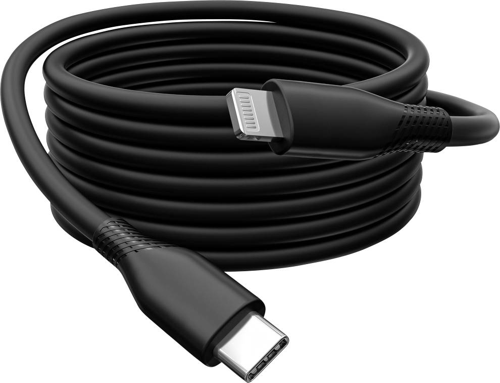 Černý nabíjecí kabel USB-C na Lightning, kompaktně svinutý, oba konektory jsou viditelné.