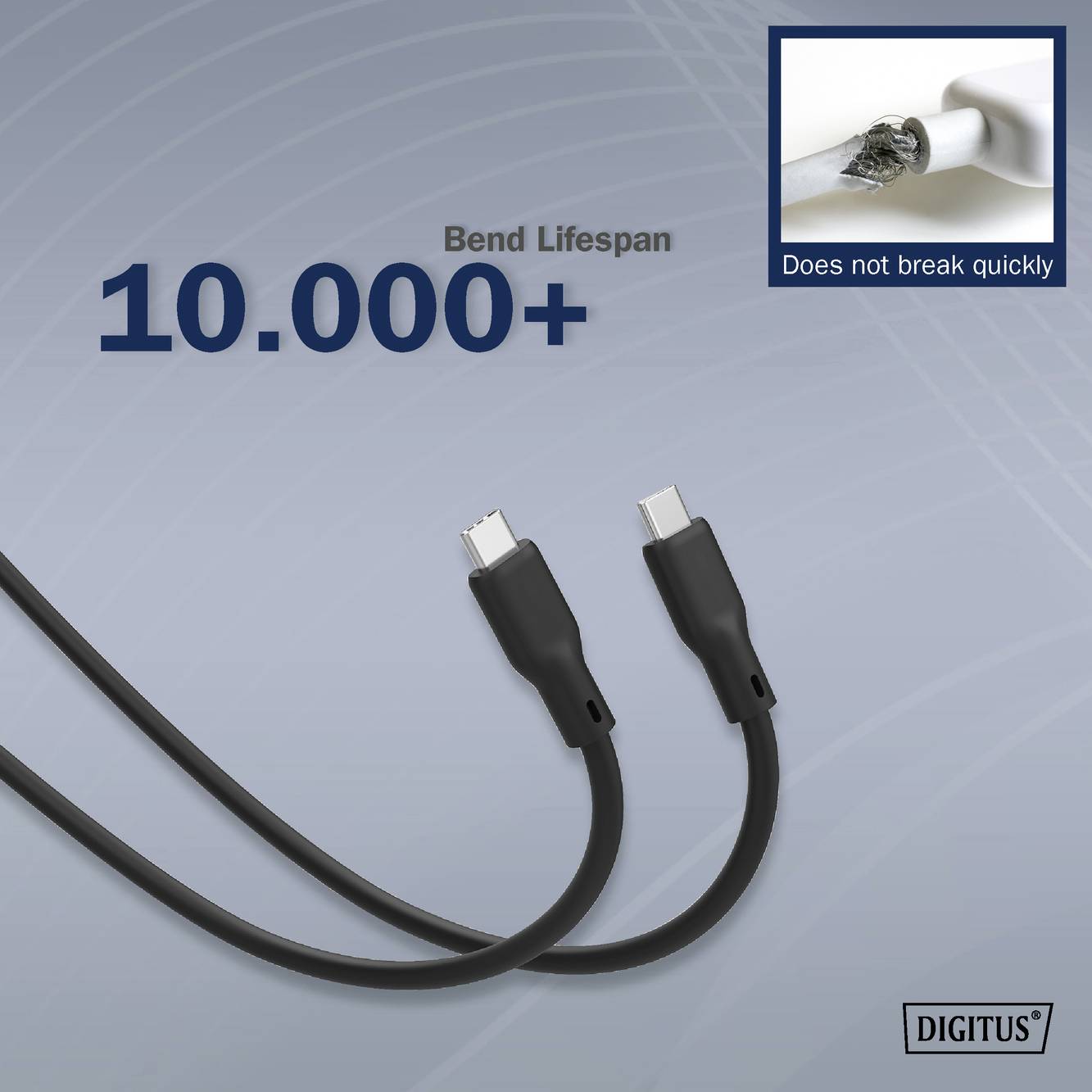 Černý USB kabel s textem: '10.000+ ohybů'. V malém obrázku nahoře vpravo je nepoškozený kabel. Logo značky dole vpravo.