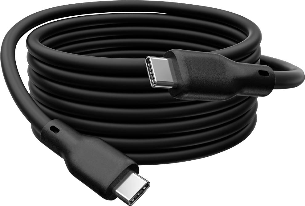 Svinutý černý USB-C kabel používaný pro nabíjení a přenos dat.