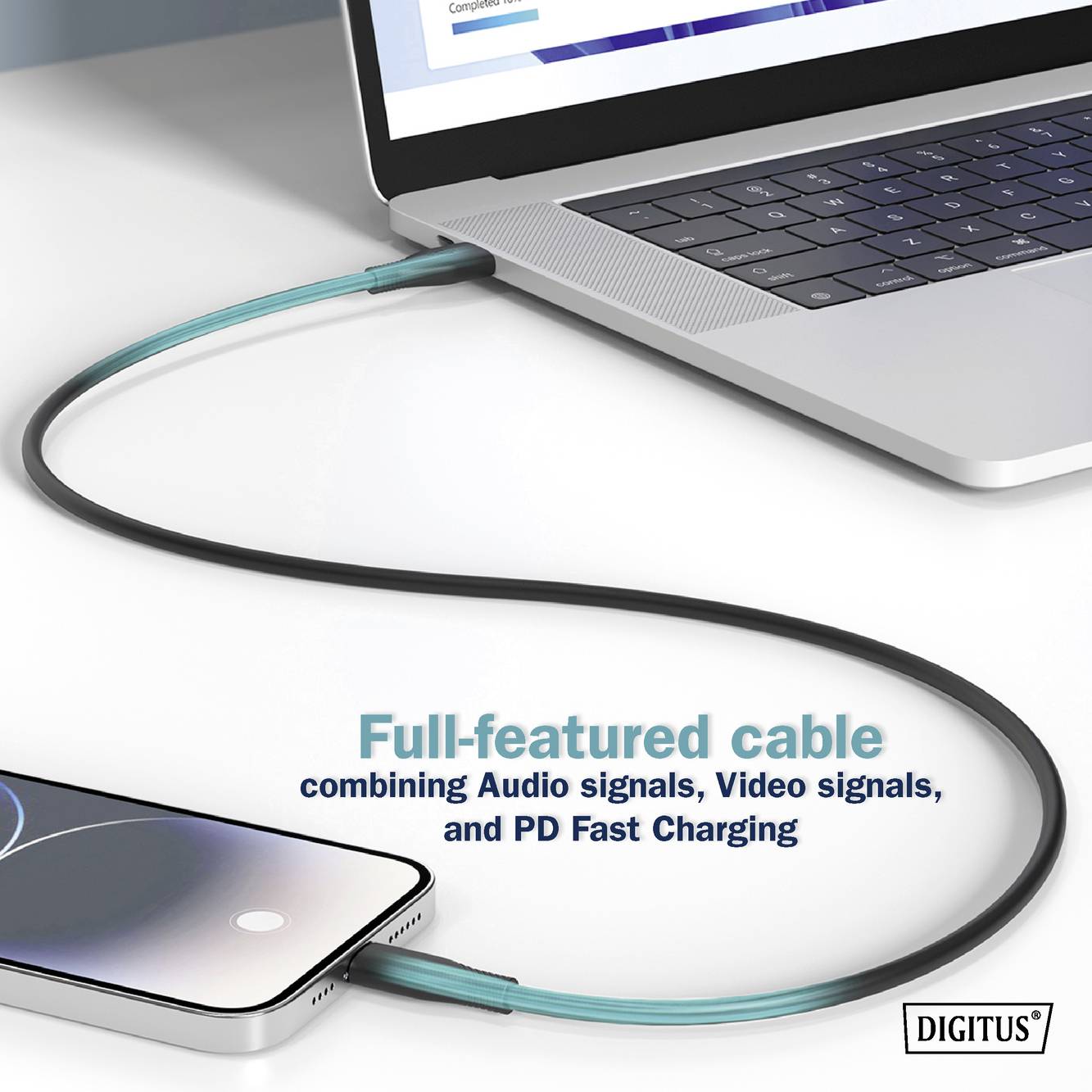 Notebook a smartphone propojené zeleným kabelem. Text uvádí: 'Plně vybavený kabel kombinující Audio signály, Video signály a rychlé nabíjení PD'