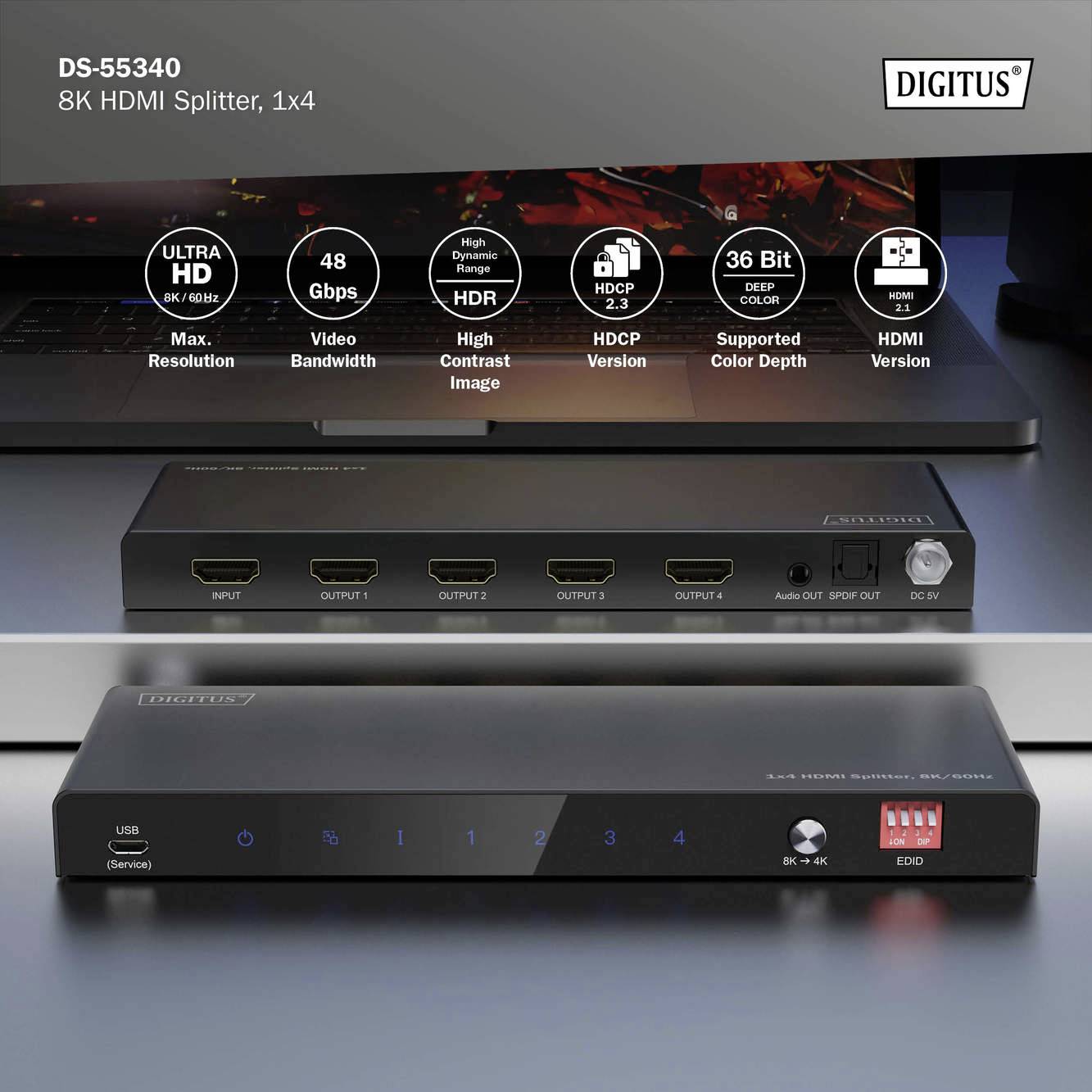 HDMI rozbočovač s rozlišením 8K a šířkou pásma 48 Gbps je umístěn před notebookem a zobrazuje vstupní a výstupní porty včetně provozních LED diod.