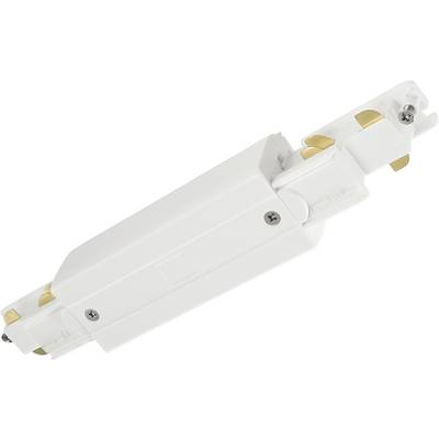 Bílý elektrický inline konektor, zobrazený šikmo na světle šedém pozadí. Používá se pro propojení světelných kolejnicových systémů.