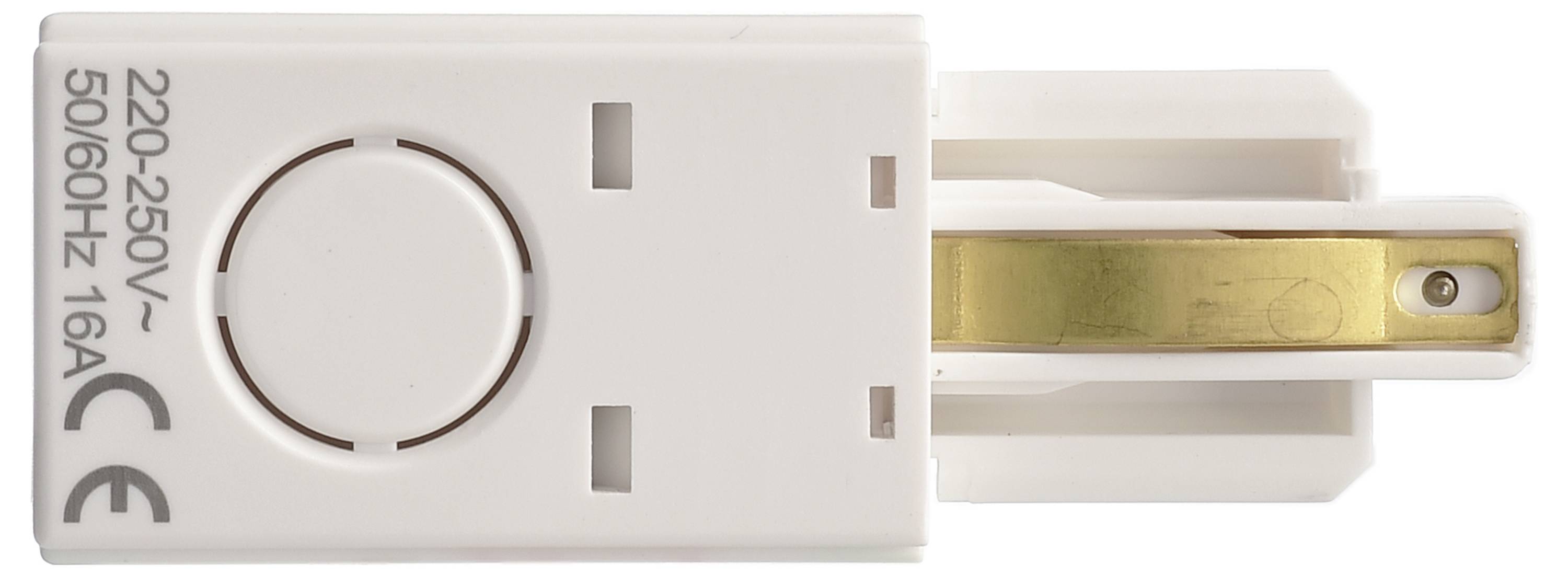 Bílá elektrická síťová zástrčka, označená štítkem '220-250V~ 50/60Hz 16A'. Viditelné jsou kontaktní kolíky a označení CE.