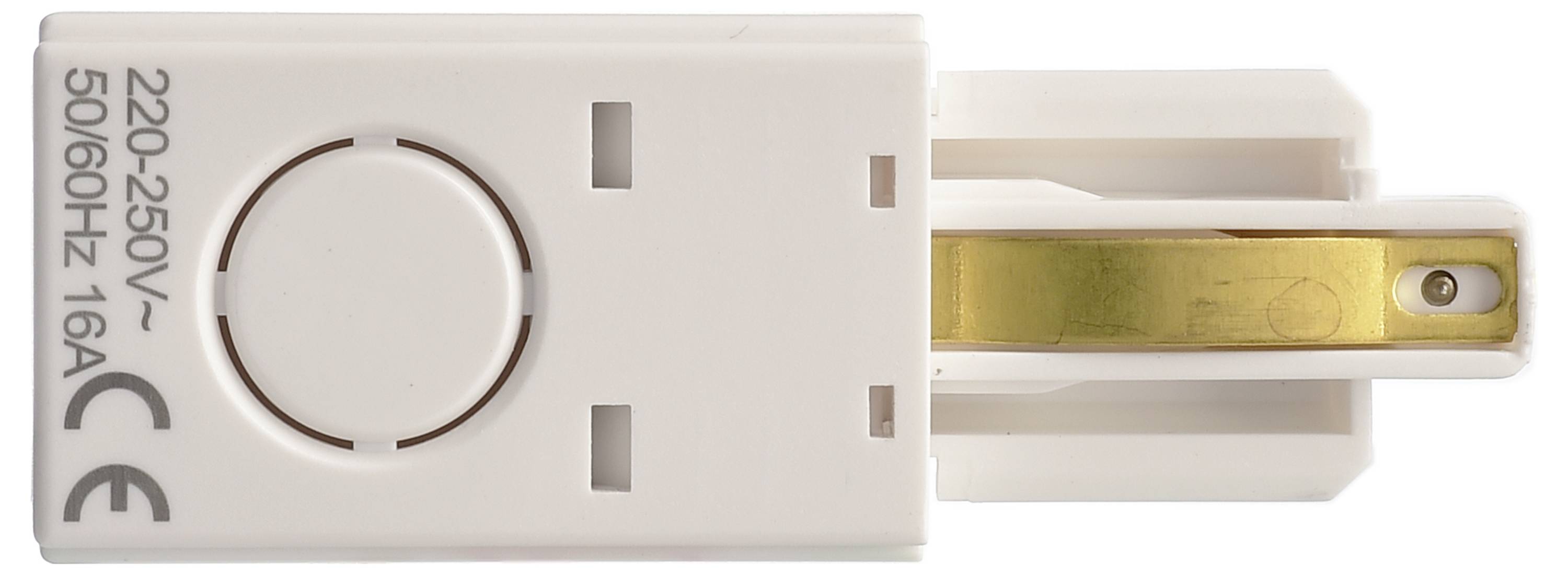 Bílá elektrická zástrčka s označením '220-250V~ 50/60Hz 16A'. Vhodná pro evropské napěťové standardy.