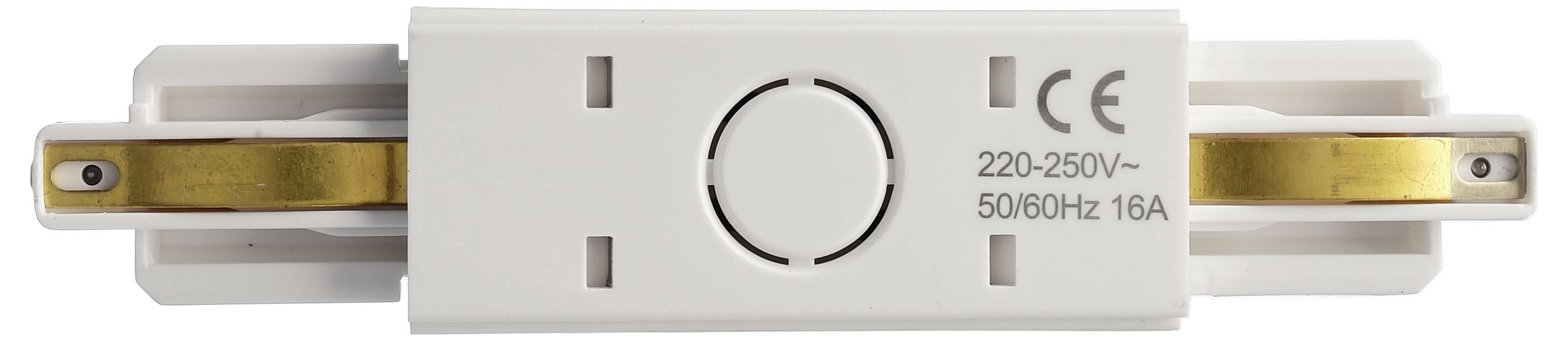 Elektrická zásuvka s označením '220-250V~, 50/60Hz, 16A'. Bílá barva, zlaté kovové kontakty viditelné.