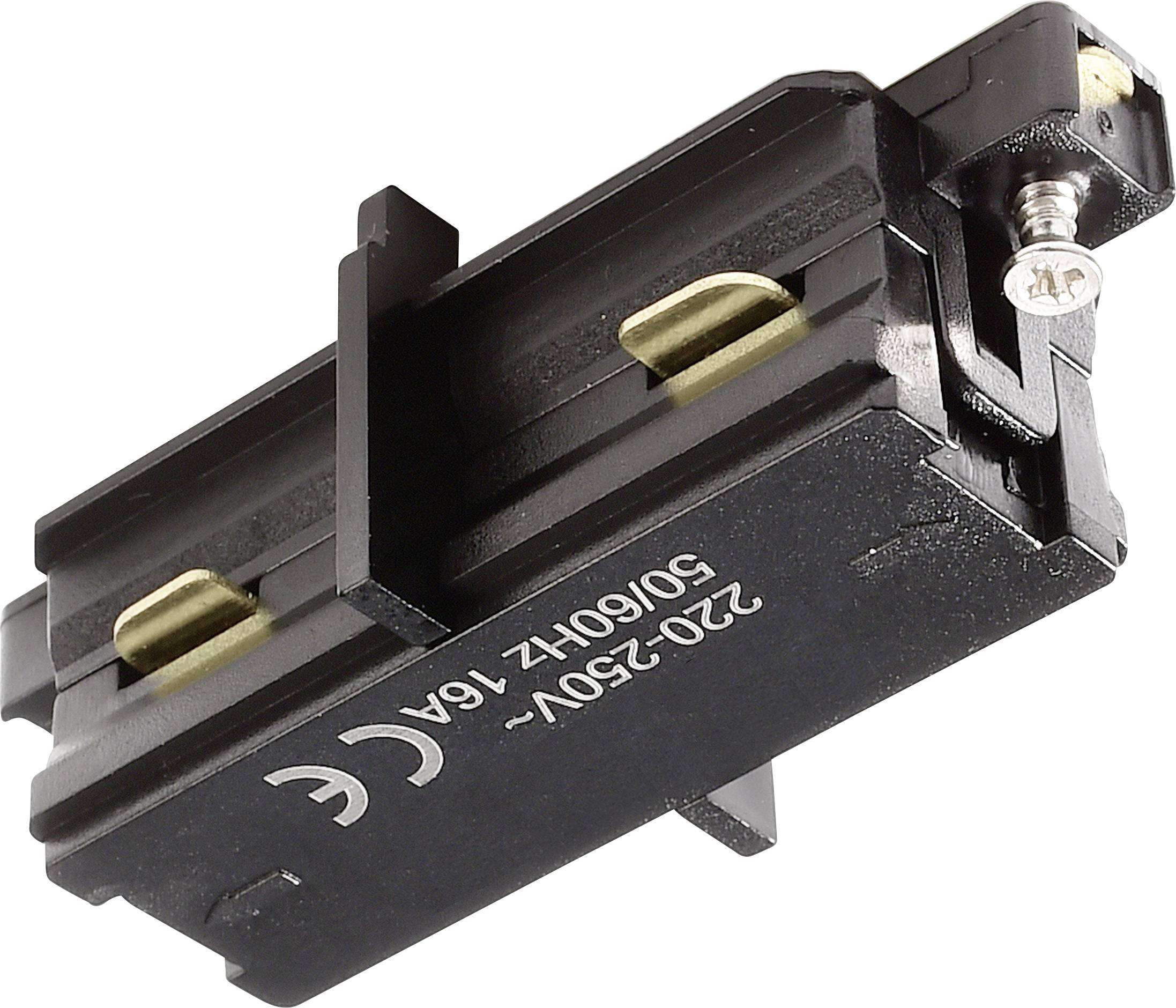 Černý elektrický pojistkový držák se zlatými kontakty, potisknutý technickými specifikacemi pro 220V-50/60Hz, maximálně 16A.