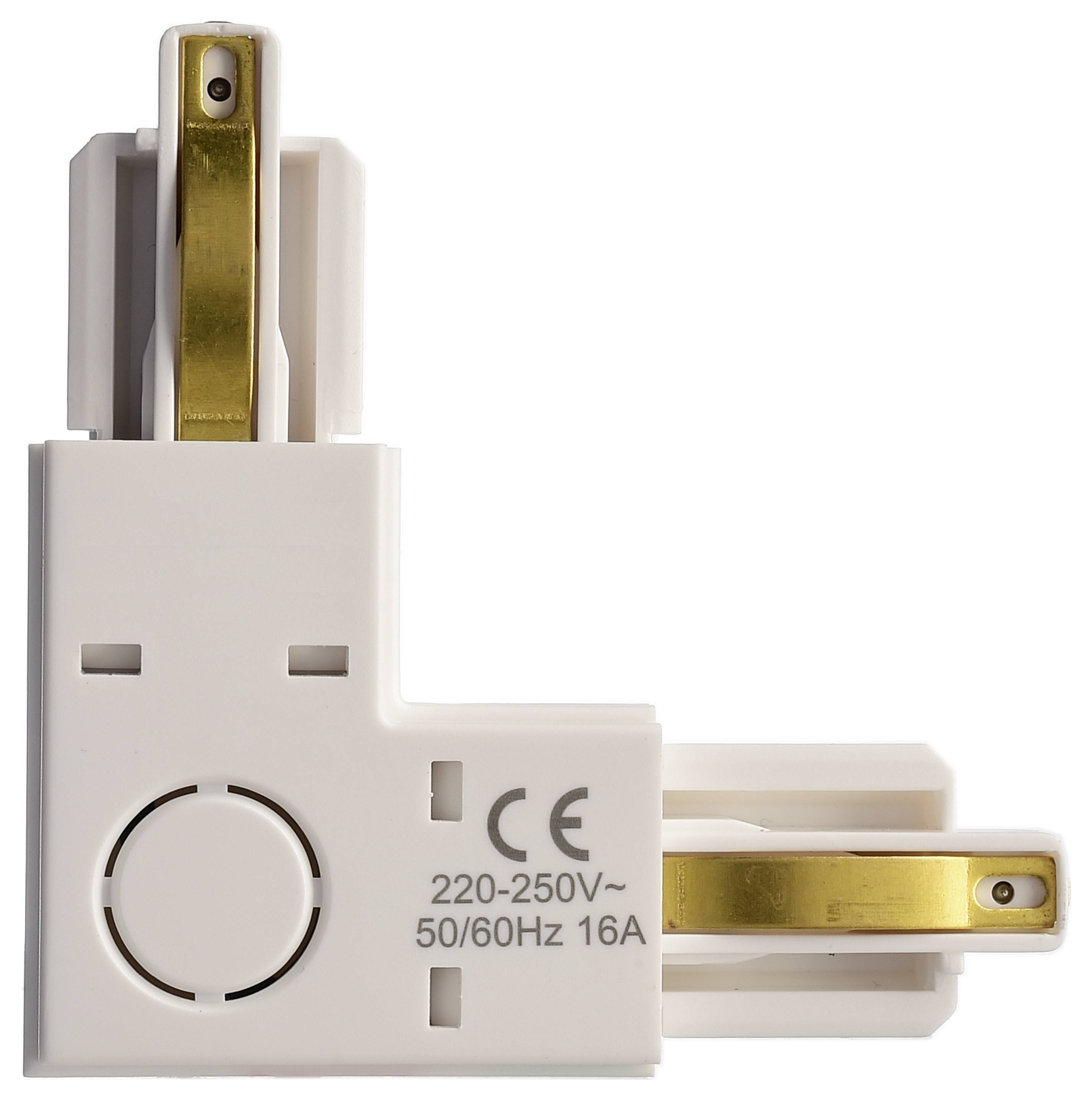 L-tvarový elektrický kolejnicový konektor, bílý, se zlatými kontakty. Označený '220-250V, 50/60Hz, 16A' a značkou CE.