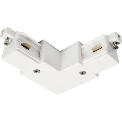 Bílý elektrický konektor ve tvaru L se šrouby na obou koncích určený pro propojování kolejnicových systémů v osvětlovacích aplikacích.
