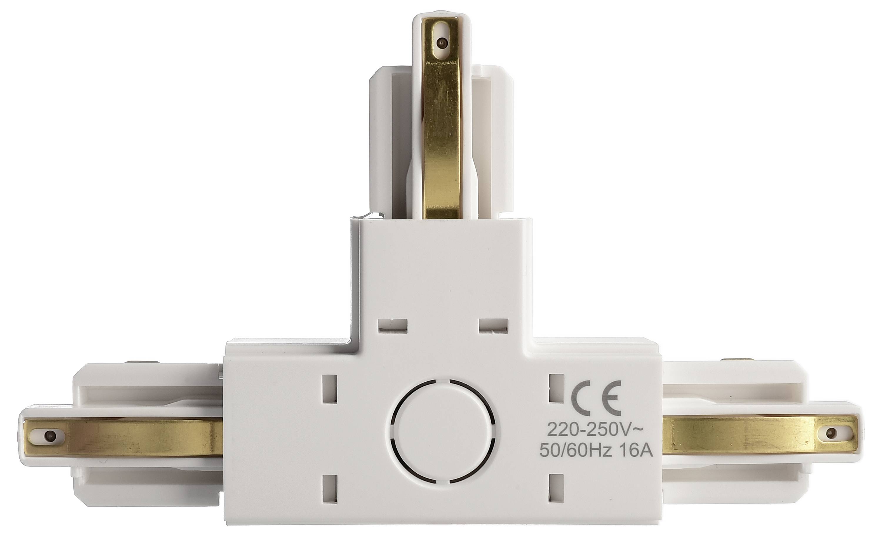 Bílý elektrický T-konektor s označením CE, vhodný pro 220-250V, 50/60Hz, 16A.
