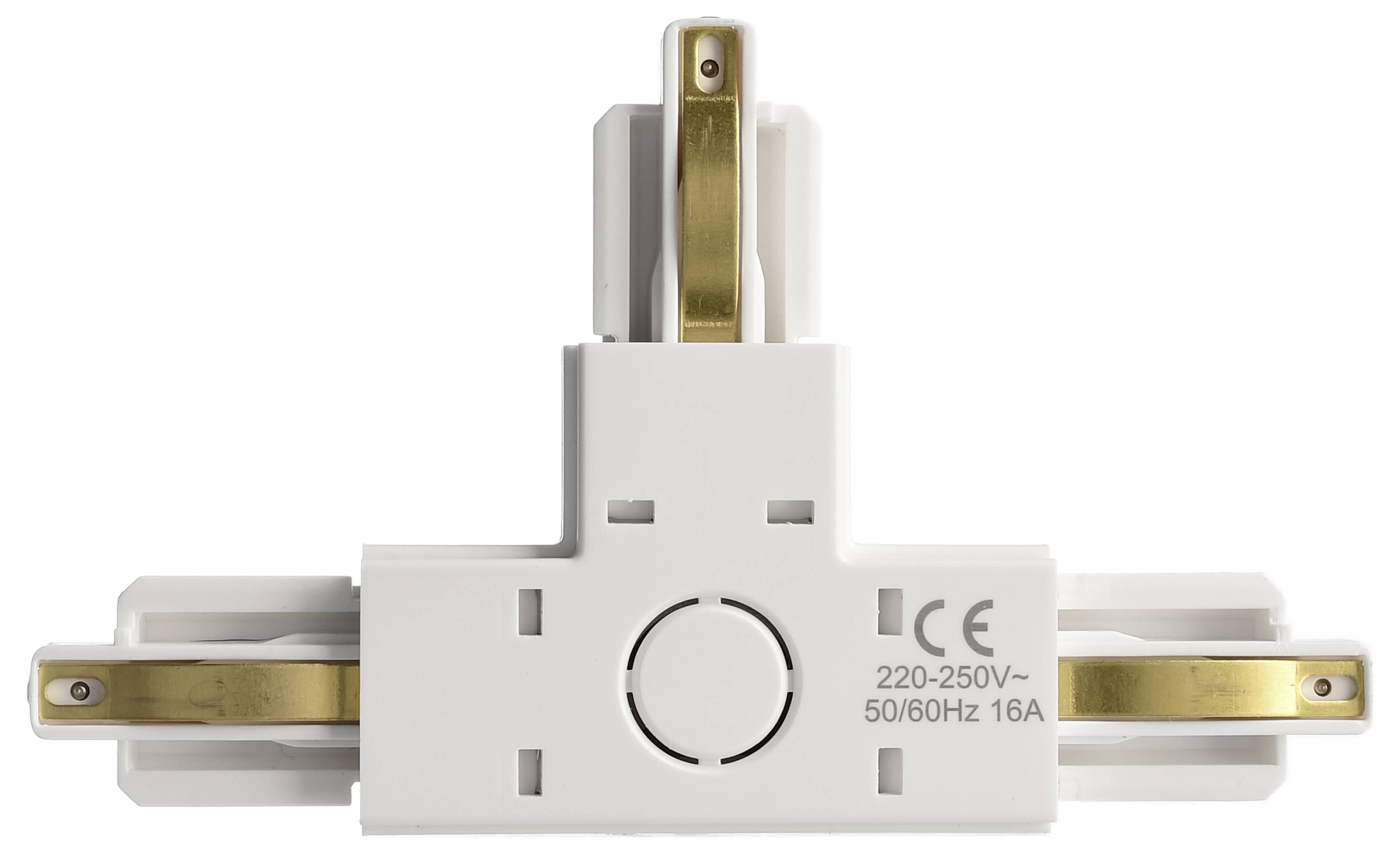 Bílý T-konektor pro kolejnicový systém se zlatými kontakty a certifikací CE, vhodný pro 220-250V, 50/60Hz, 16A.