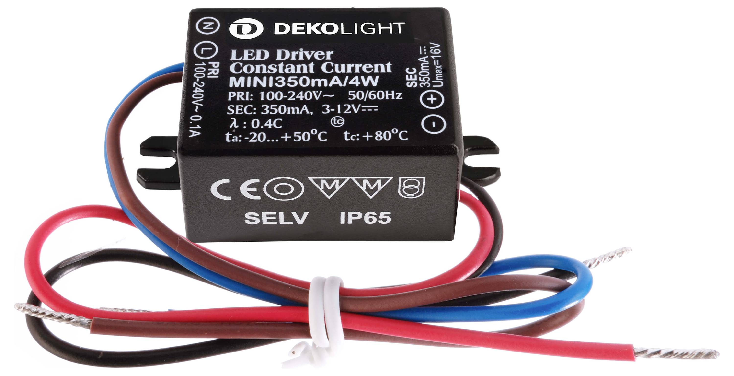 LED budič, konstantní proud, DEKOLIGHT, model MINI350mA/4W, IP65, s černými, červenými, modrými a hnědými vodiči, vhodný pro 350mA, 3-12V.