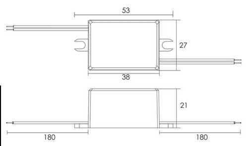 Technický výkres obdélníkové součástky s rozměry: 53x38 mm nahoře, výška 21 mm, a dva vyčnívající kabely po 180 mm.