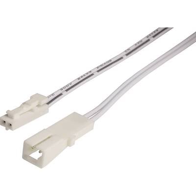 Bílý dvoupólový propojovací kabel se zástrčkami na obou koncích leží na neutrálním pozadí.