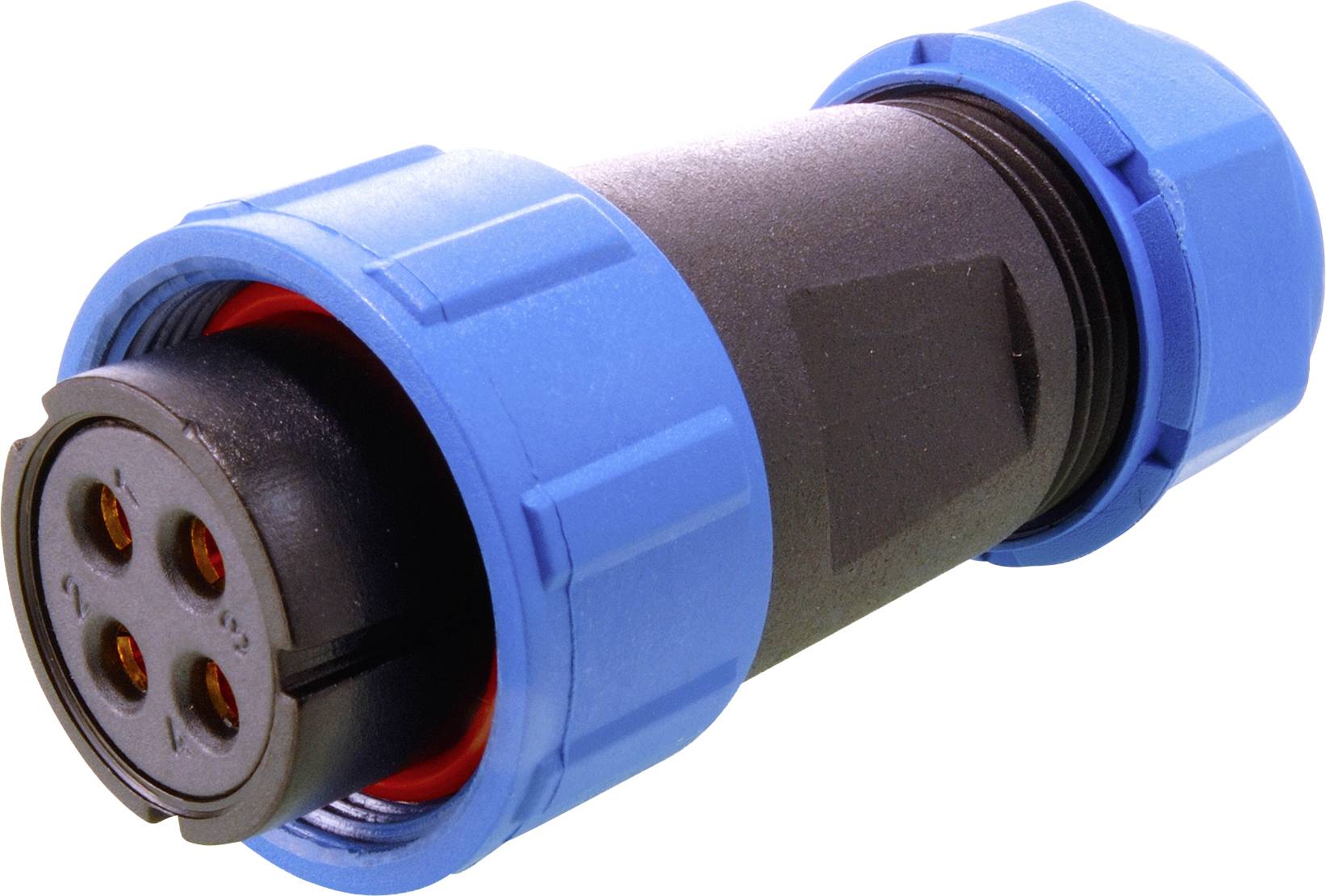 Modrý válcový konektor se čtyřmi kulatými kontakty, často používaný v průmyslových nebo technických aplikacích.