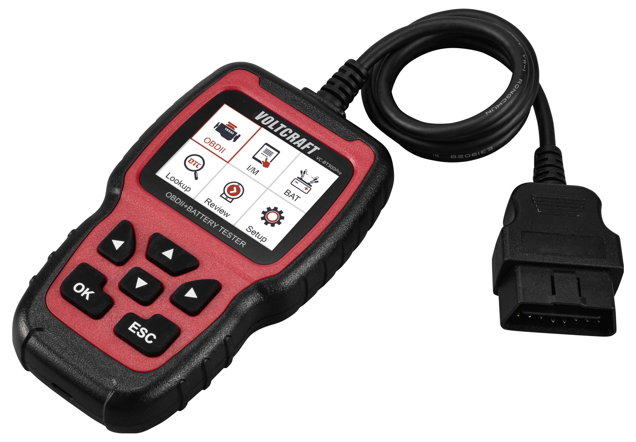 Tento obrázek zobrazuje diagnostické zařízení OBD-II s displejem a tlačítky pro diagnostiku vozidla. Obsahuje symboly pro různé kontrolní režimy.
