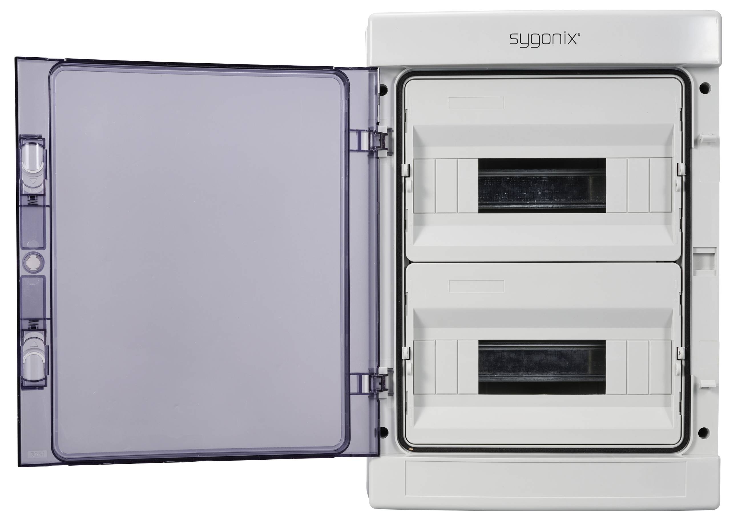 Elektrický rozvaděč s otevřeným plastovým krytem, zobrazující dvě řady pojistek nebo jističů.