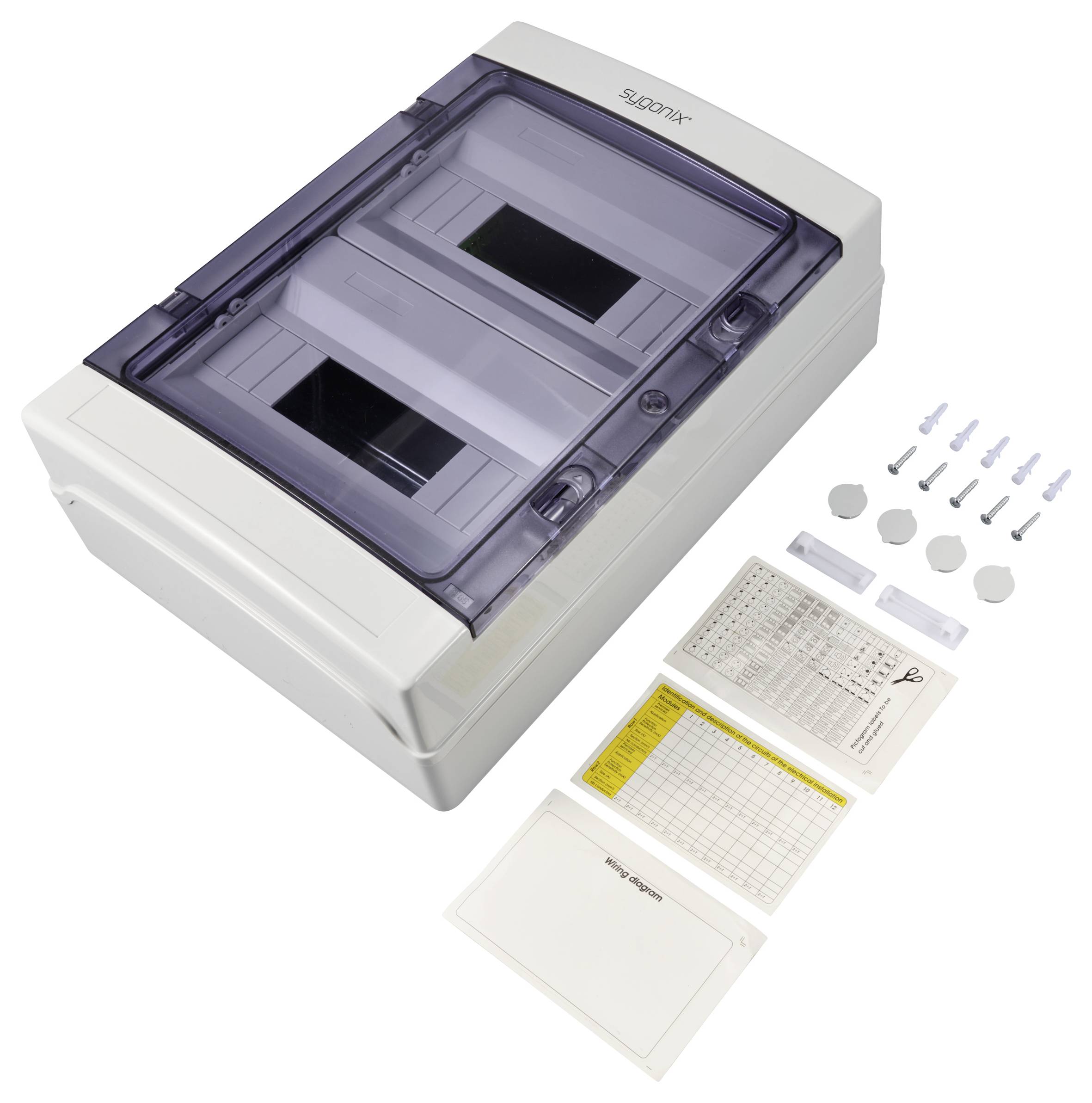 Elektrický rozvaděč s průhledným víkem, montážním materiálem a návodem, umístěný na bílém pozadí.