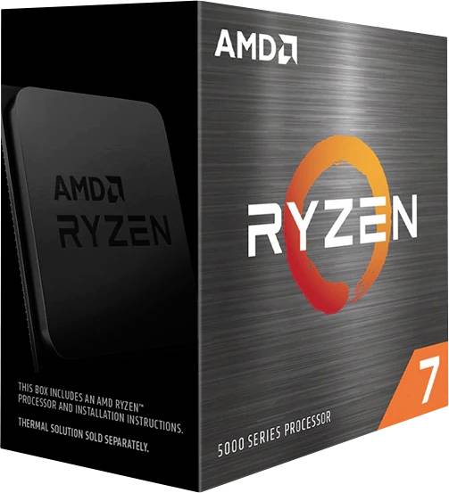 Obal procesoru AMD Ryzen 7 5000 Series s černým designem a oranžovým logem.