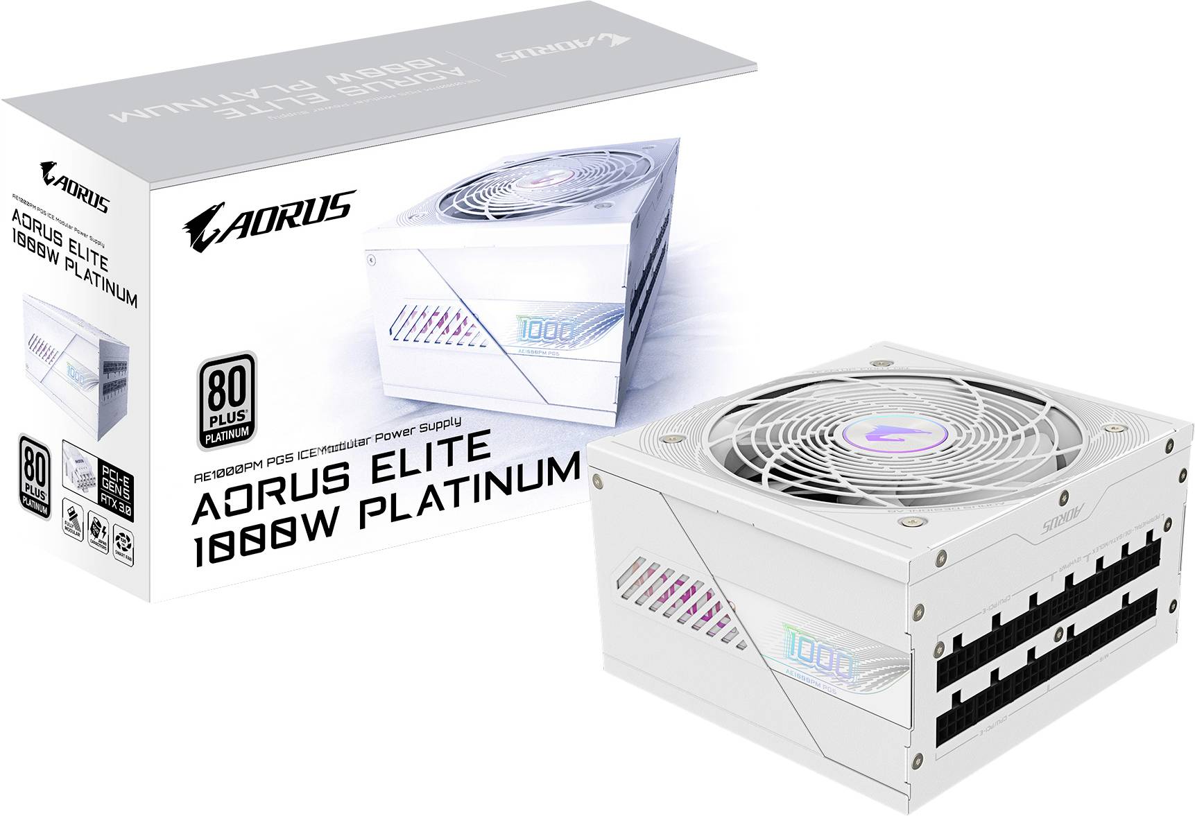 Síťový zdroj Aorus Elite 1000W Platinum v bílé barvě vedle obalu; certifikace 80 Plus Platinum pro efektivní napájení.