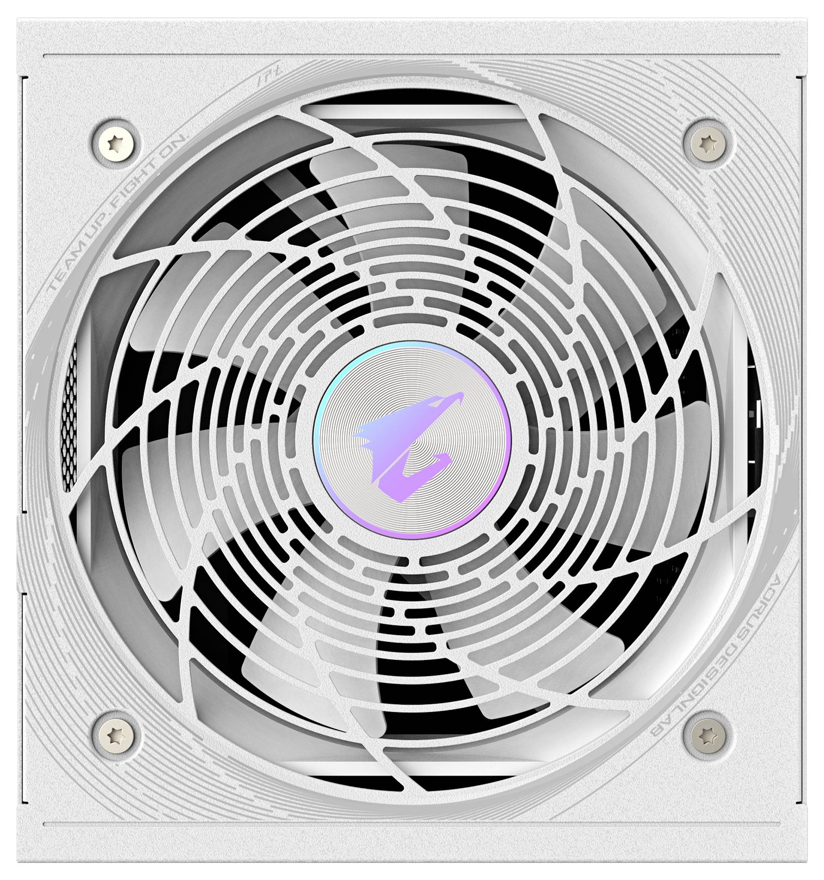Bílý počítačový ventilátor s mřížkou ve spirálovém designu a osvětleným logem uprostřed.