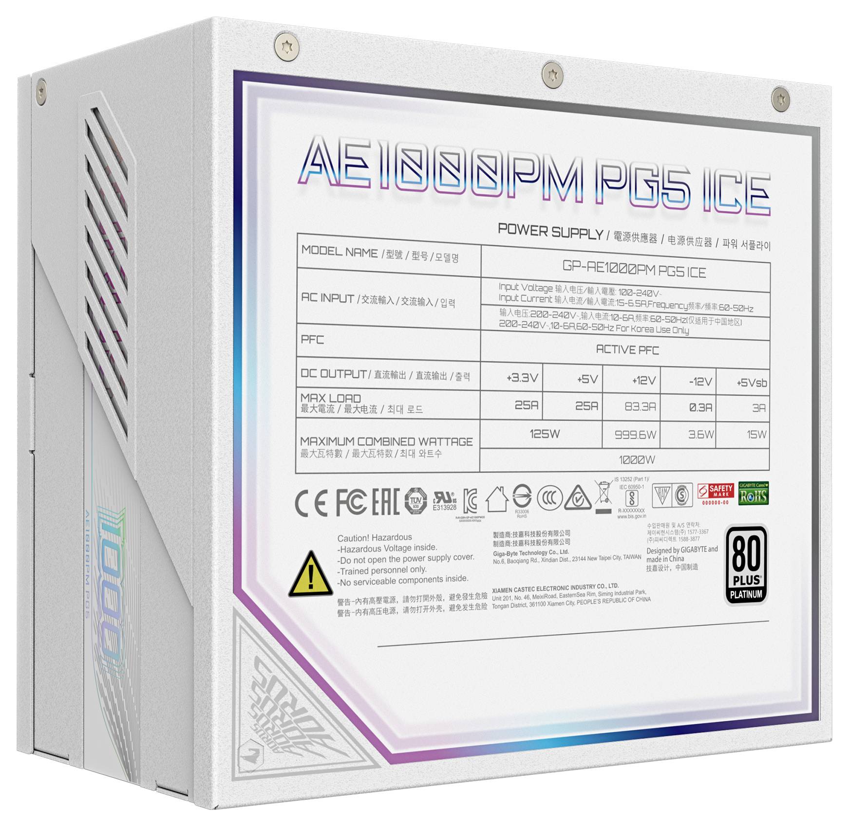 Počítačový zdroj s označením 'AE1000PM PG5 ICE' vykazuje technické specifikace včetně 1000W výkonu, certifikace 80 PLUS Platinum a aktivního Power Factor Correction (PFC).