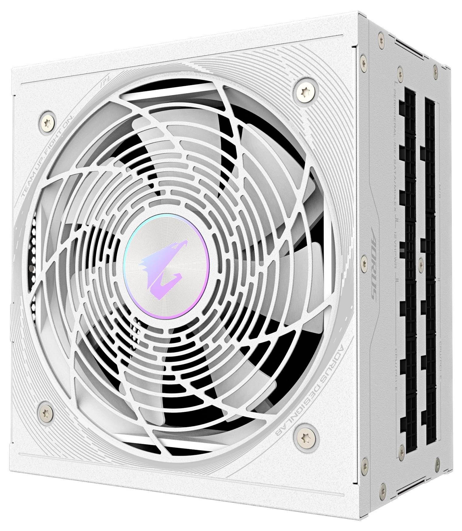 Bílý počítačový zdroj s viditelným ventilátorem a konektory na pravé straně. Vhodný pro instalaci do počítače.