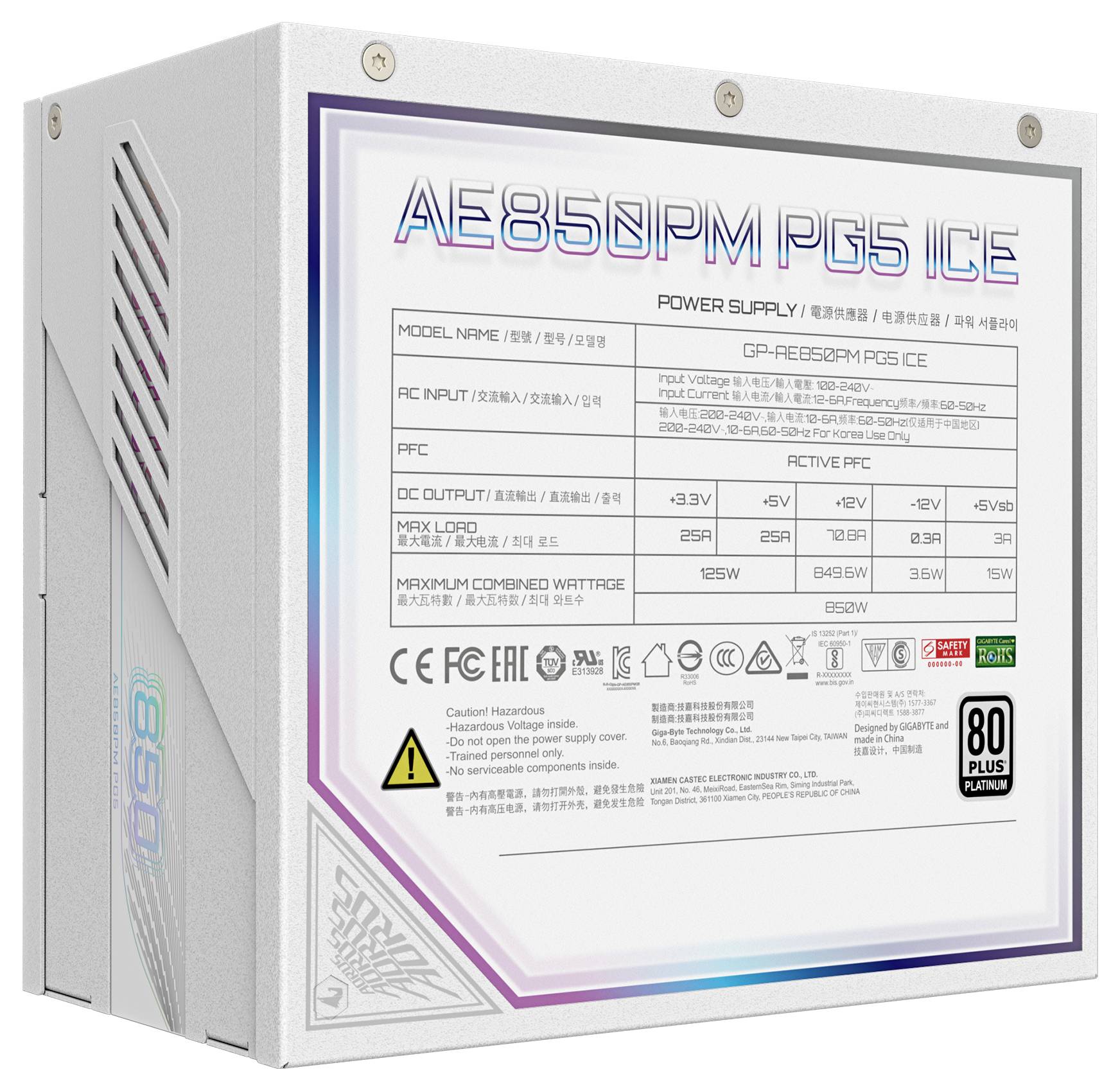 Napájecí zdroj s modelem 'AE850PM', 850W výstupní výkon, certifikace 80 Plus Platinum. Zobrazeny produktové informace a specifikace.