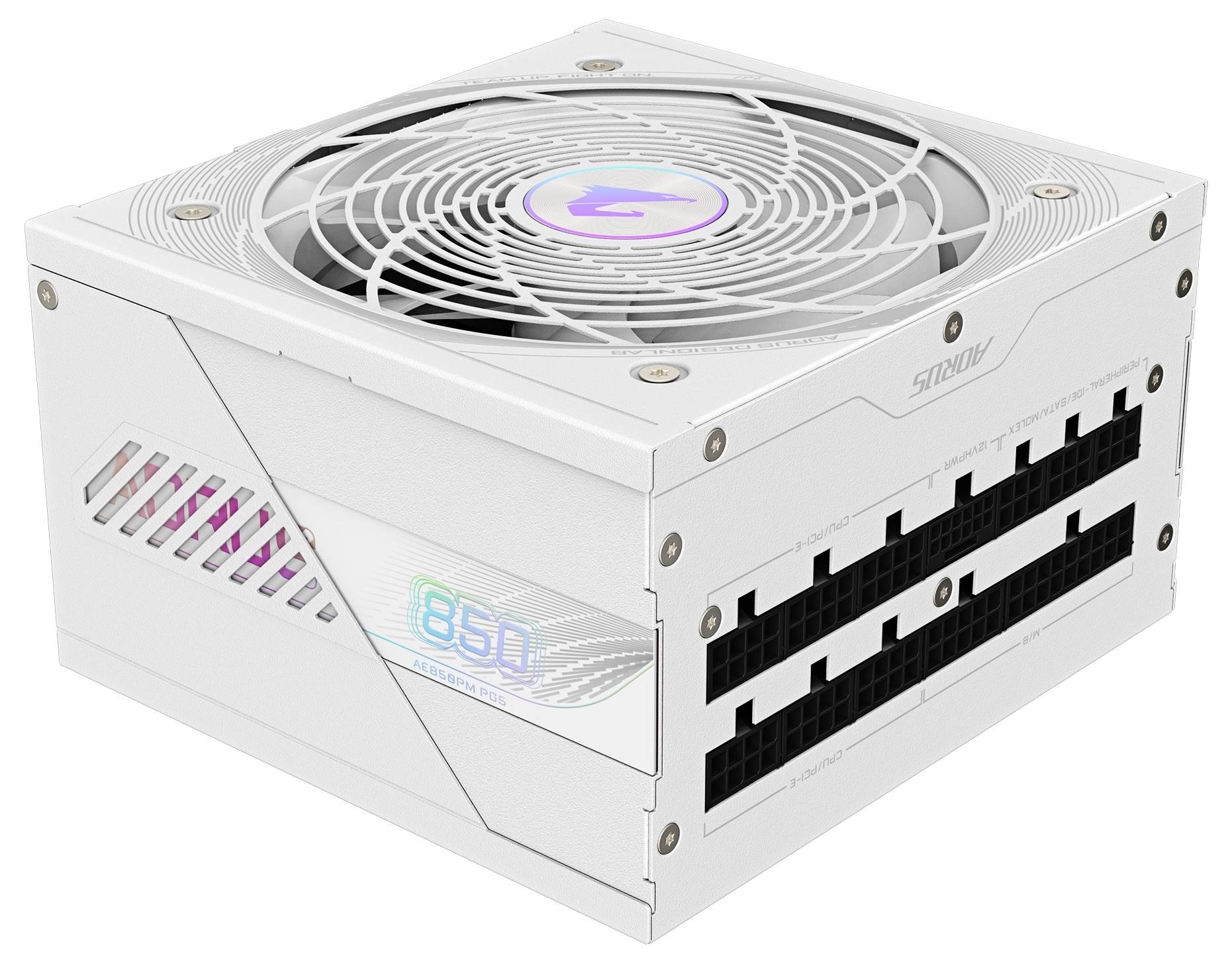 Bílý počítačový zdroj s ventilátorem na horní straně a několika konektory po straně, model '850'.