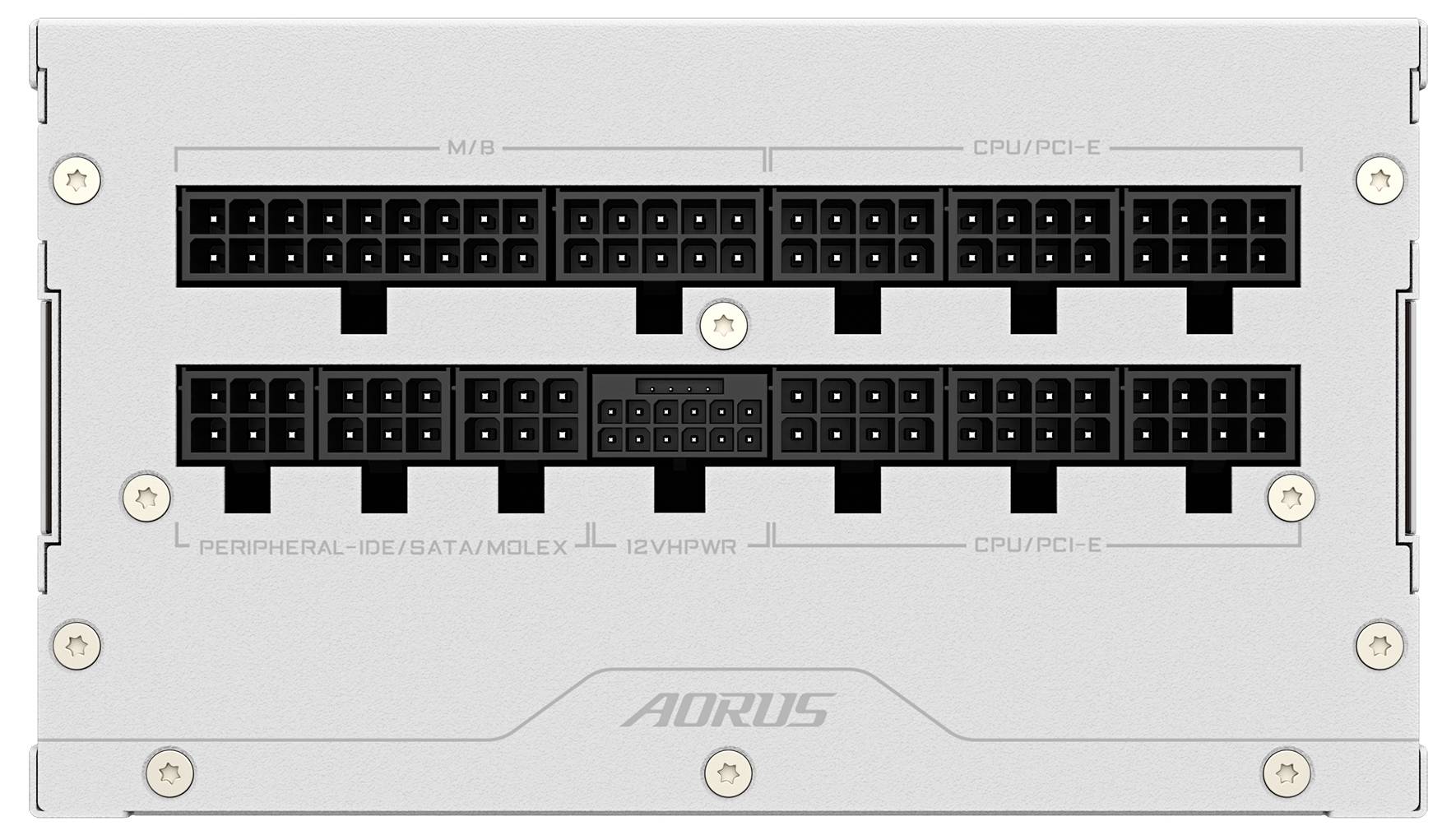 Zadní strana počítačového napájecího zdroje s několika konektory, včetně 'CPU/PCI-E', 'Periferní-IDE/SATA/MOLEX' a '12VHPWR'.