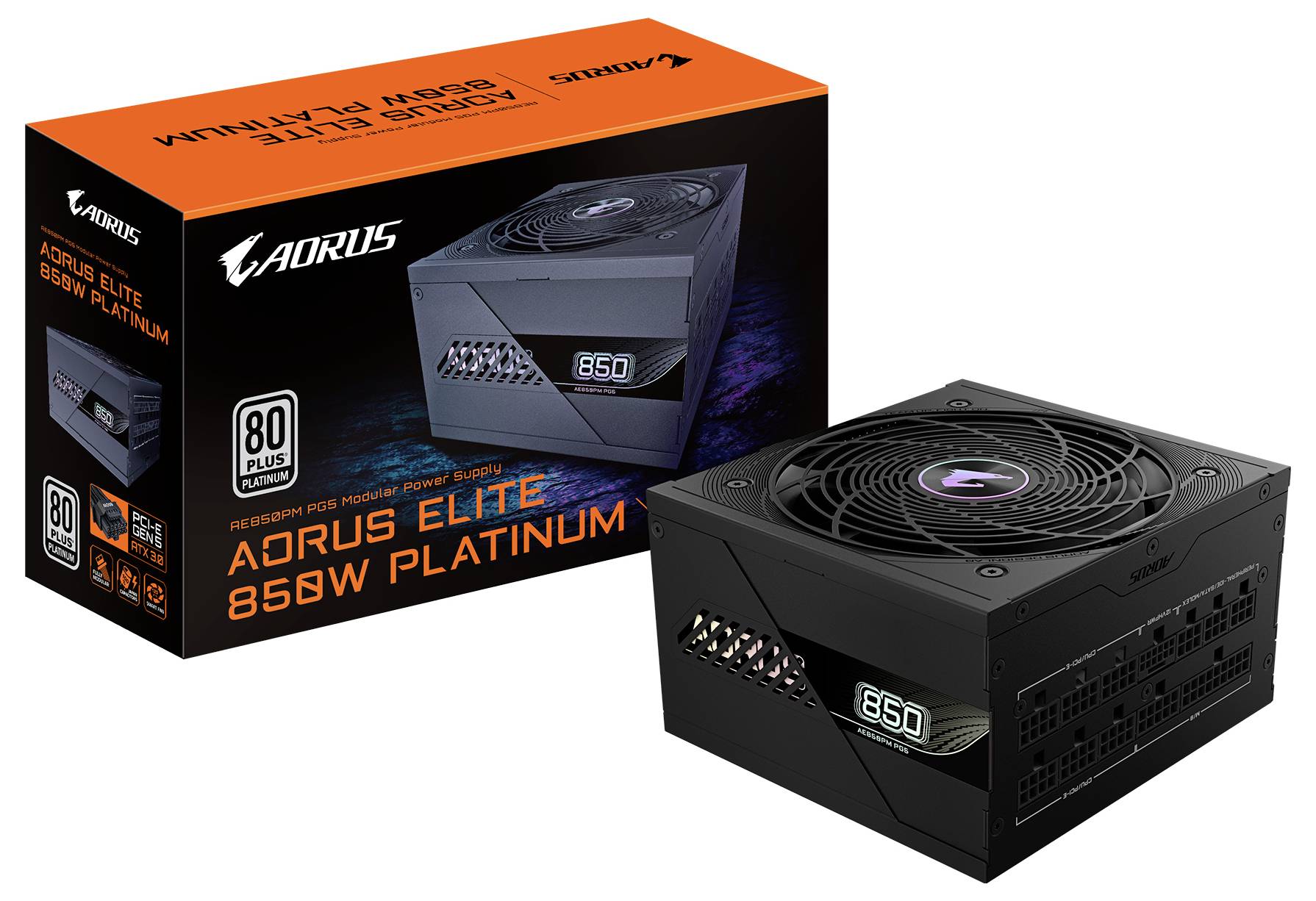 Napájecí zdroj a obal 'AORUS ELITE 850W Platinum'. Zobrazuje design produktu a zdůrazňuje energetickou účinnost s certifikací 80 Plus Platinum.