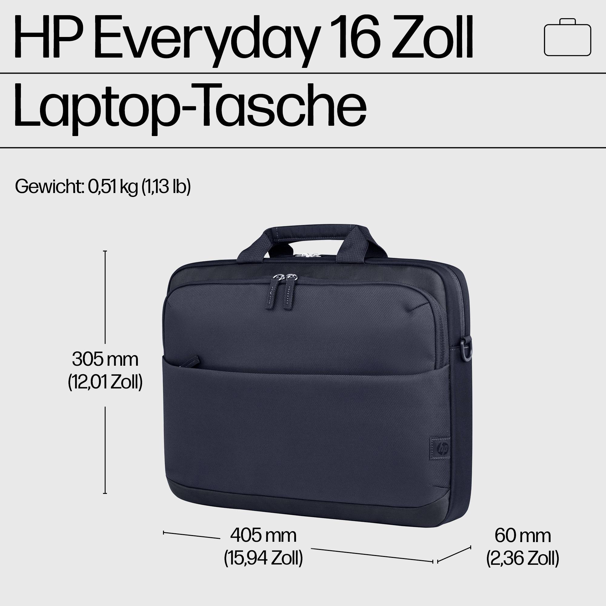 HP Everyday brašna na notebook 16 palců v černé barvě. Rozměry: 305 mm x 405 mm x 60 mm. Hmotnost: 0,51 kg (1,13 lb).