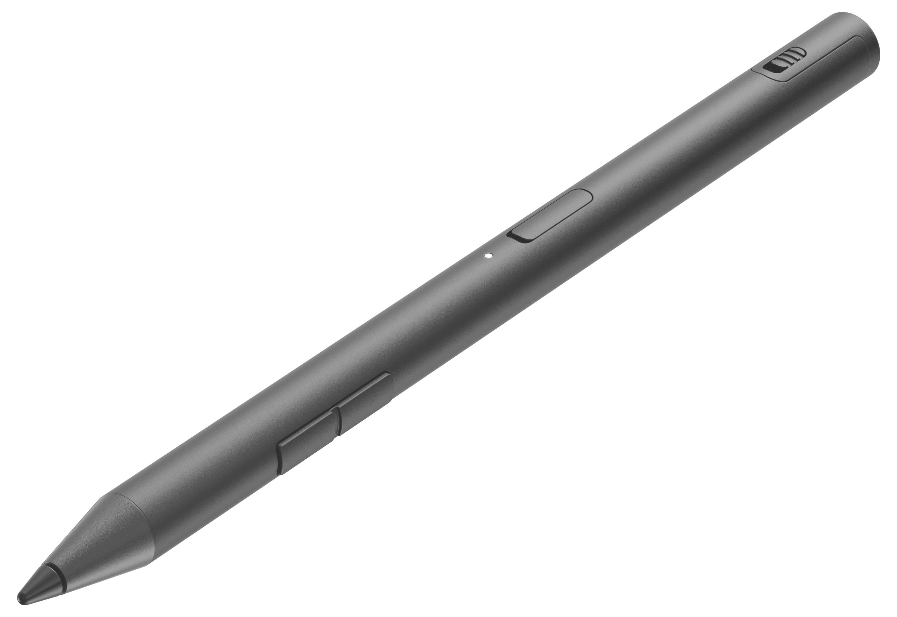 Šedý digitální stylus se dvěma vedlejšími tlačítky a LED indikátorem, vhodný pro použití na digitálních zařízeních a tabletech.