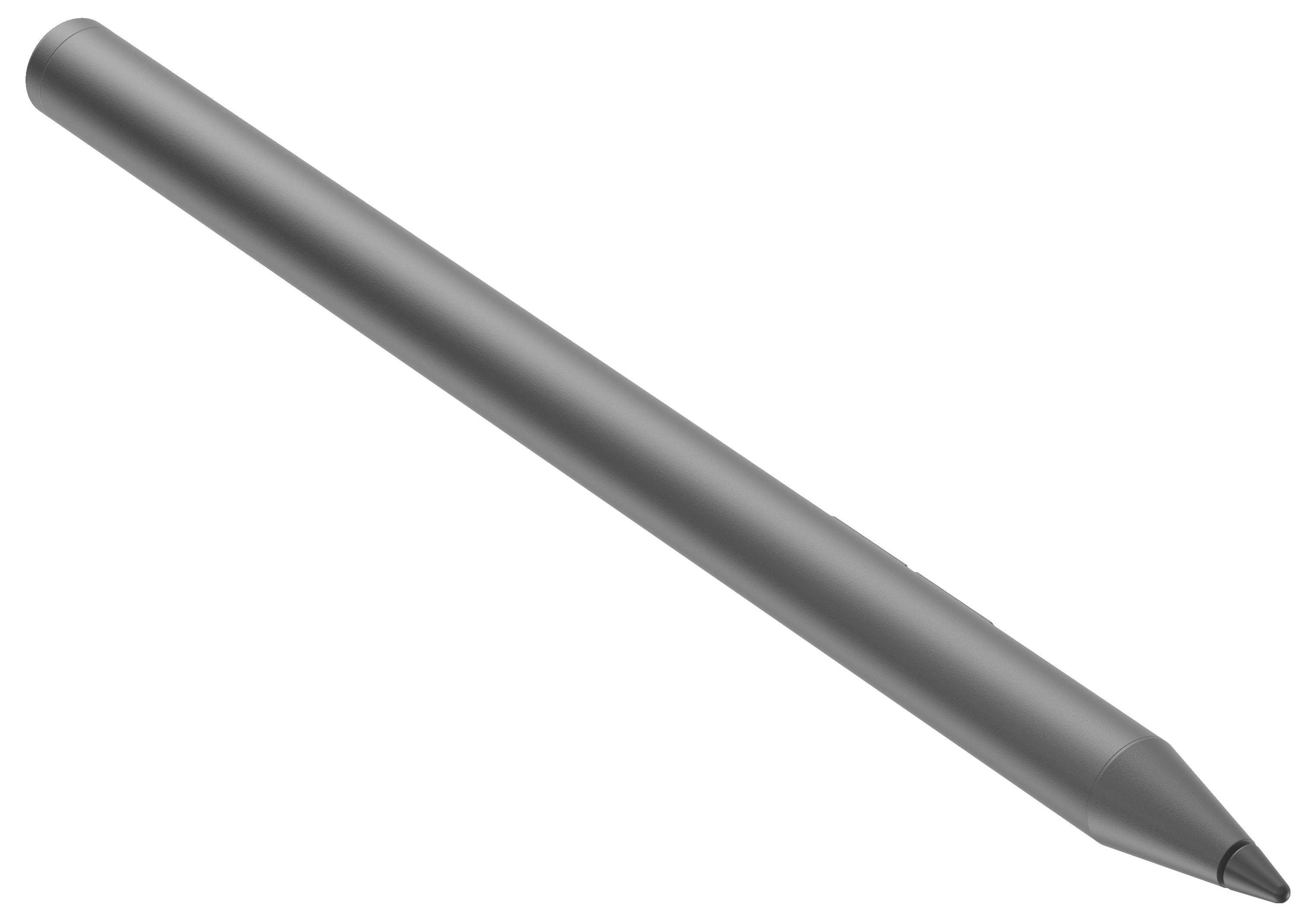 Stříbrošedý, štíhlý stylus, lehce nakloněný doleva. Vhodný pro tablety nebo dotykové obrazovky pro přesné ovládání.
