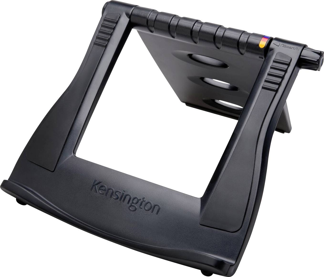 Stojan na notebook od Kensingtonu v černé barvě, nakloněný pro ergonomické umístění.