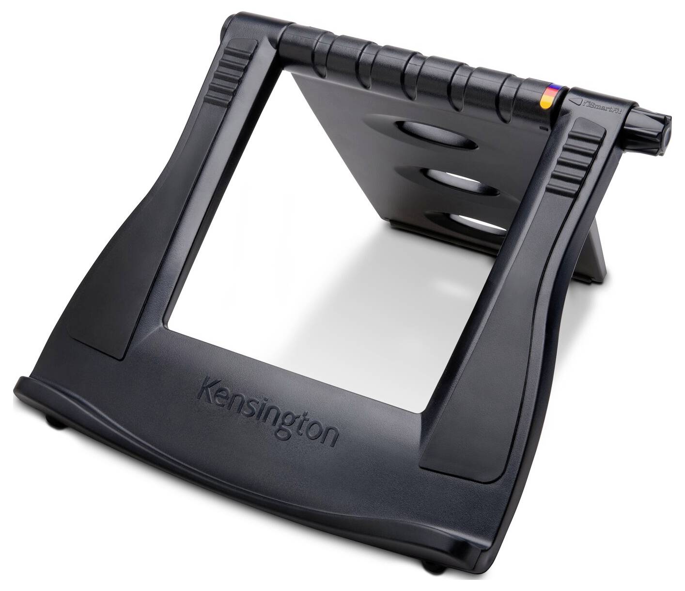 Černý stojan na notebook Kensington, který umožňuje ergonomickou práci díky zvedání a naklánění notebooku.