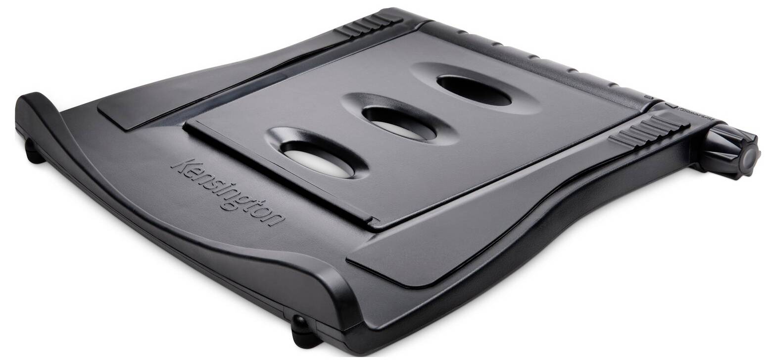 Černený nastavitelný stojan na notebook s variabilními štěrbinami pro větrání a ergonomii.