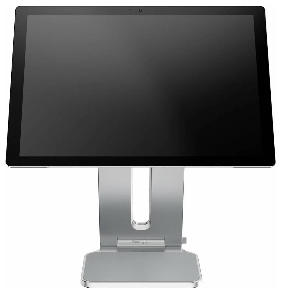 Stříbrný počítačový monitor s černou obrazovkou na stabilním stojanu. Obrazovka je vypnutá.