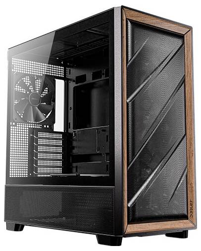 Černá PC skříň s velkým ventilátorem vzadu, bočním skleněným oknem a přední mřížkovou průchodkou s hnědým rámečkem.