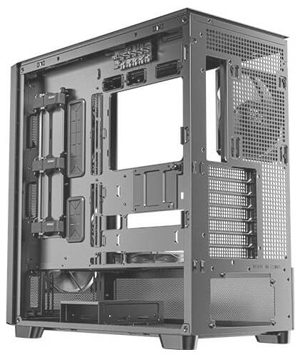 'Otevřená PC skříň s viditelnými úchyty pro základní desku, grafické karty a chlazení, připravená pro uživatelskou montáž.'